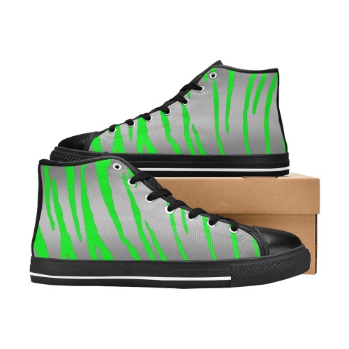Silver Tiger Stripes Green Women's Classic High Top Canvas Shoes (Model 017)