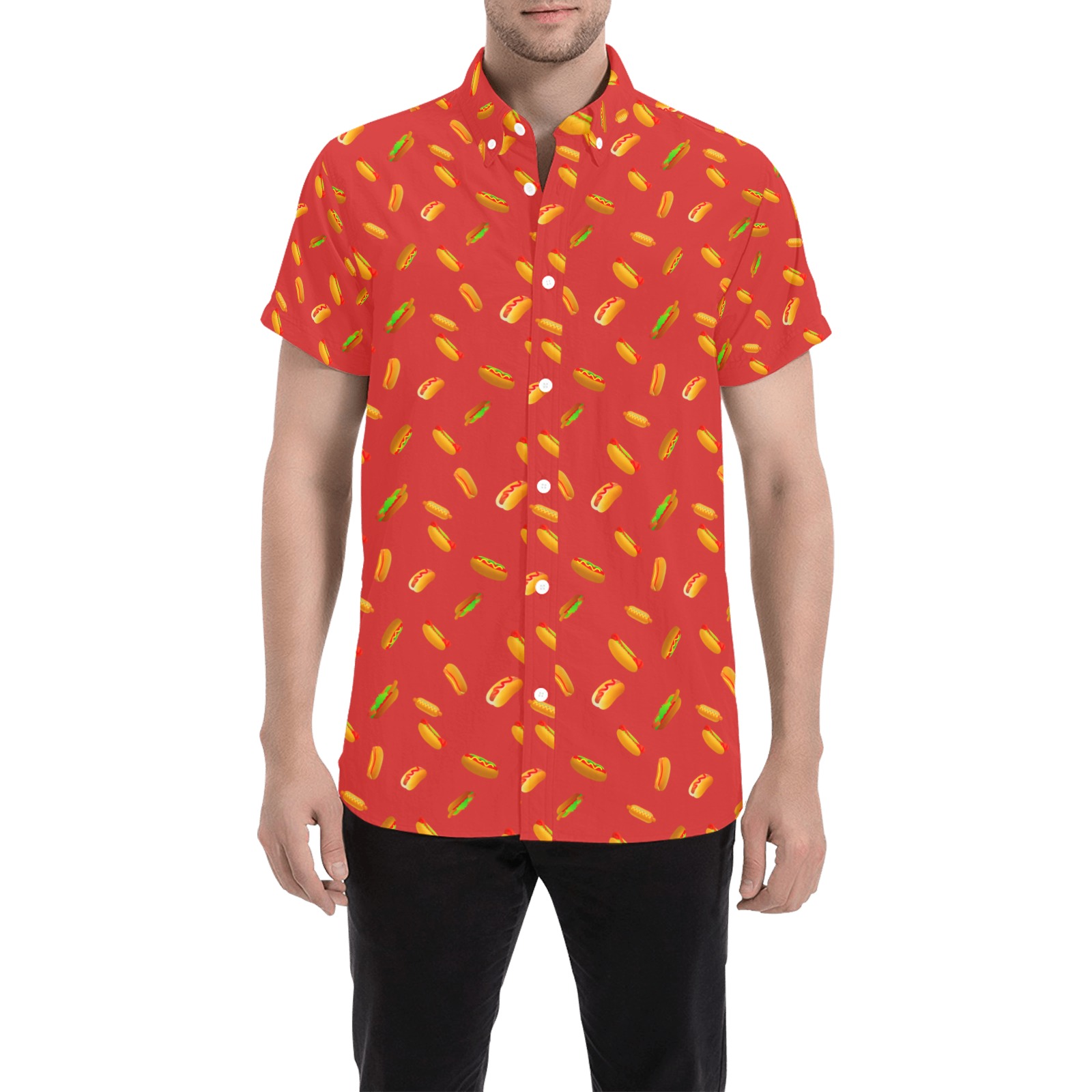 Hot Dog Pattern on Red Men's All Over Print Short Sleeve Shirt (Model T53)