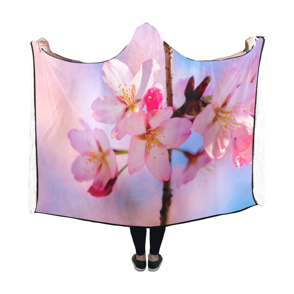 Sakura cherry blossom. Pink and blue spring art. Hooded Blanket 60''x50''