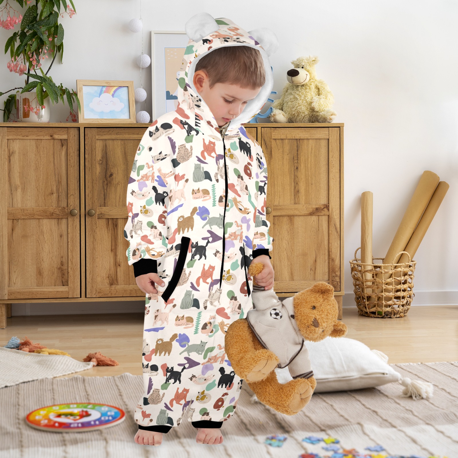 More cats 2 One-Piece Zip up Hooded Pajamas for Little Kids