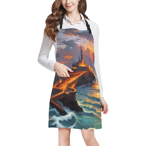 Dark fantasy city by the ocean at sunset cool art. All Over Print Apron