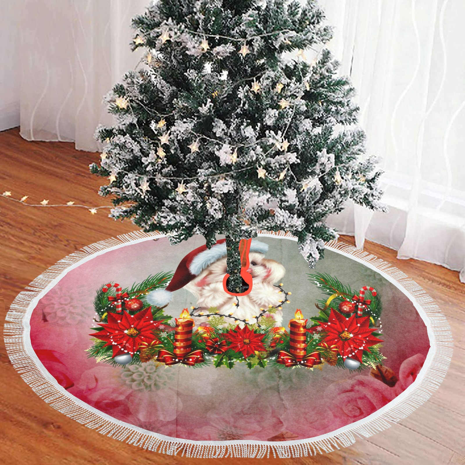 Merry christmas, cute animal Thick Fringe Christmas Tree Skirt 48"x48"