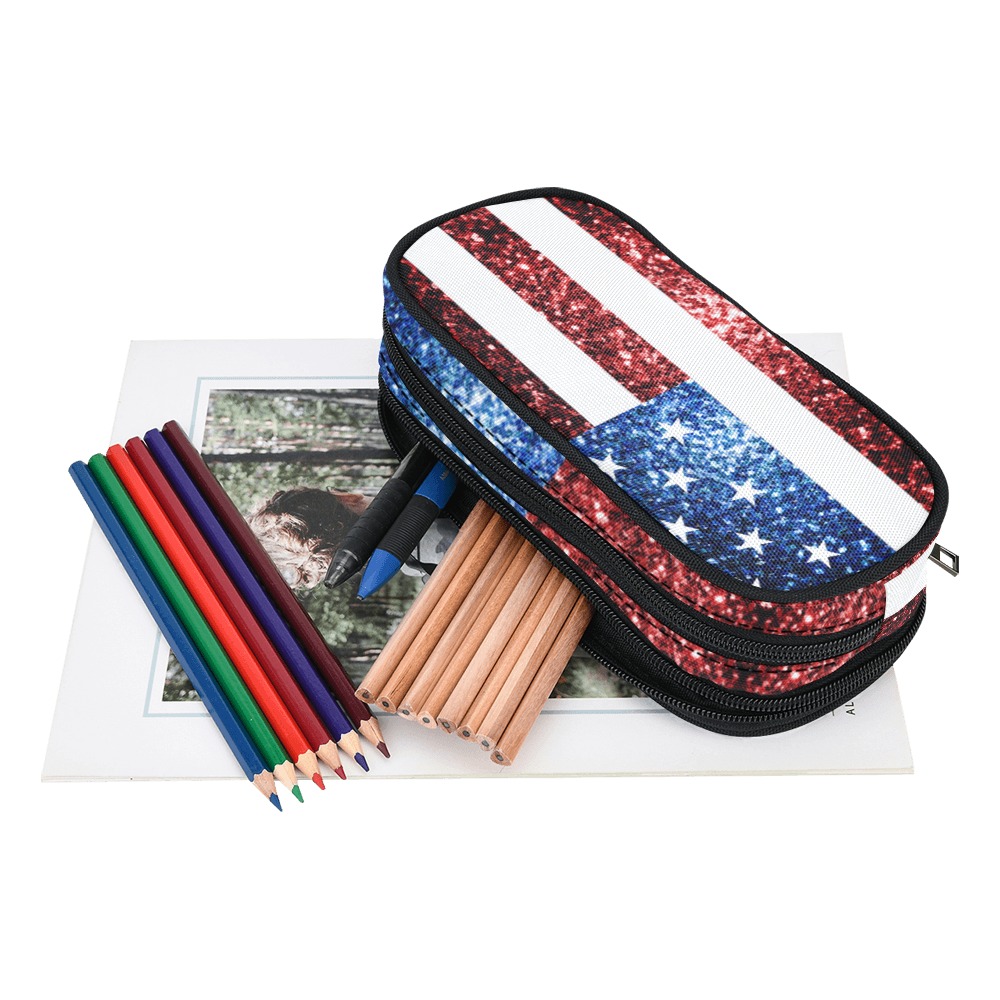 Sparkly USA flag America Red White Blue faux Sparkles patriotic bling 4th of July Pencil Pouch/Large (Model 1680)