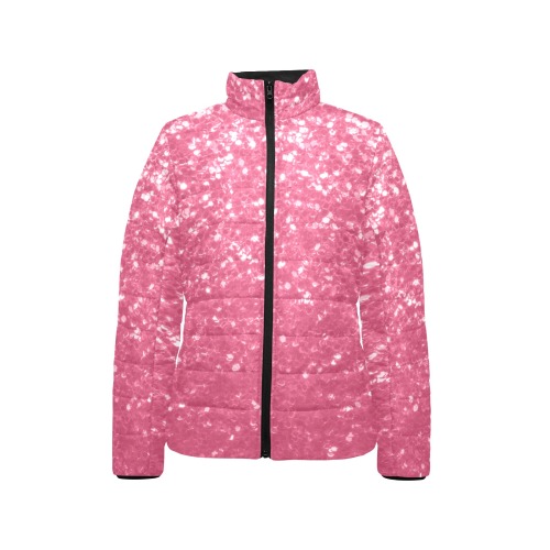 Magenta light pink red faux sparkles glitter Women's Stand Collar Padded Jacket (Model H41)