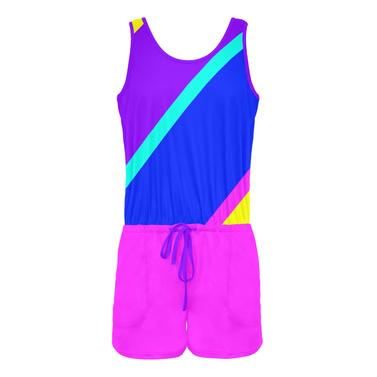 Bright Neon Colors Diagonal Pink All Over Print Vest Short Jumpsuit