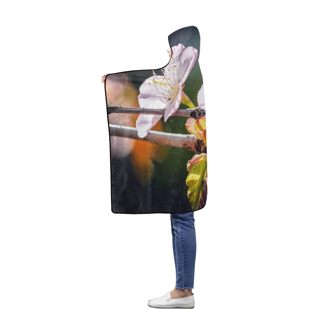 Slender sakura flowers. Sunlight and shadows. Flannel Hooded Blanket 40''x50''