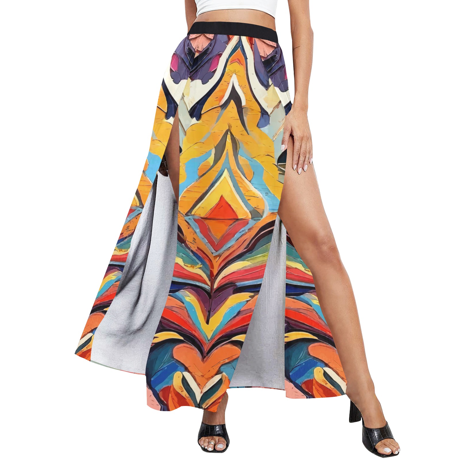 Fantasy tribal pattern colorful abstract art. High Slit Long Beach Dress (Model S40)