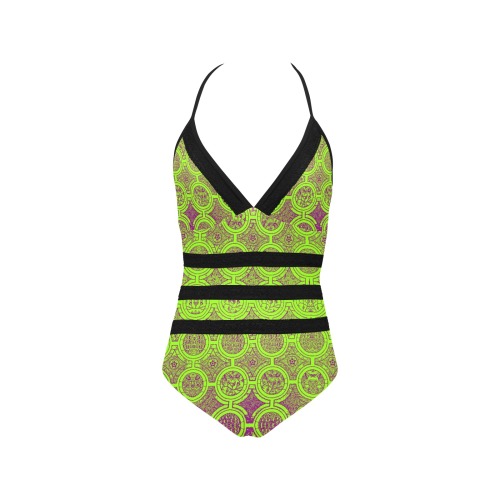 AFRICAN PRINT PATTERN 2 Lace Band Embossing Swimsuit (Model S15)
