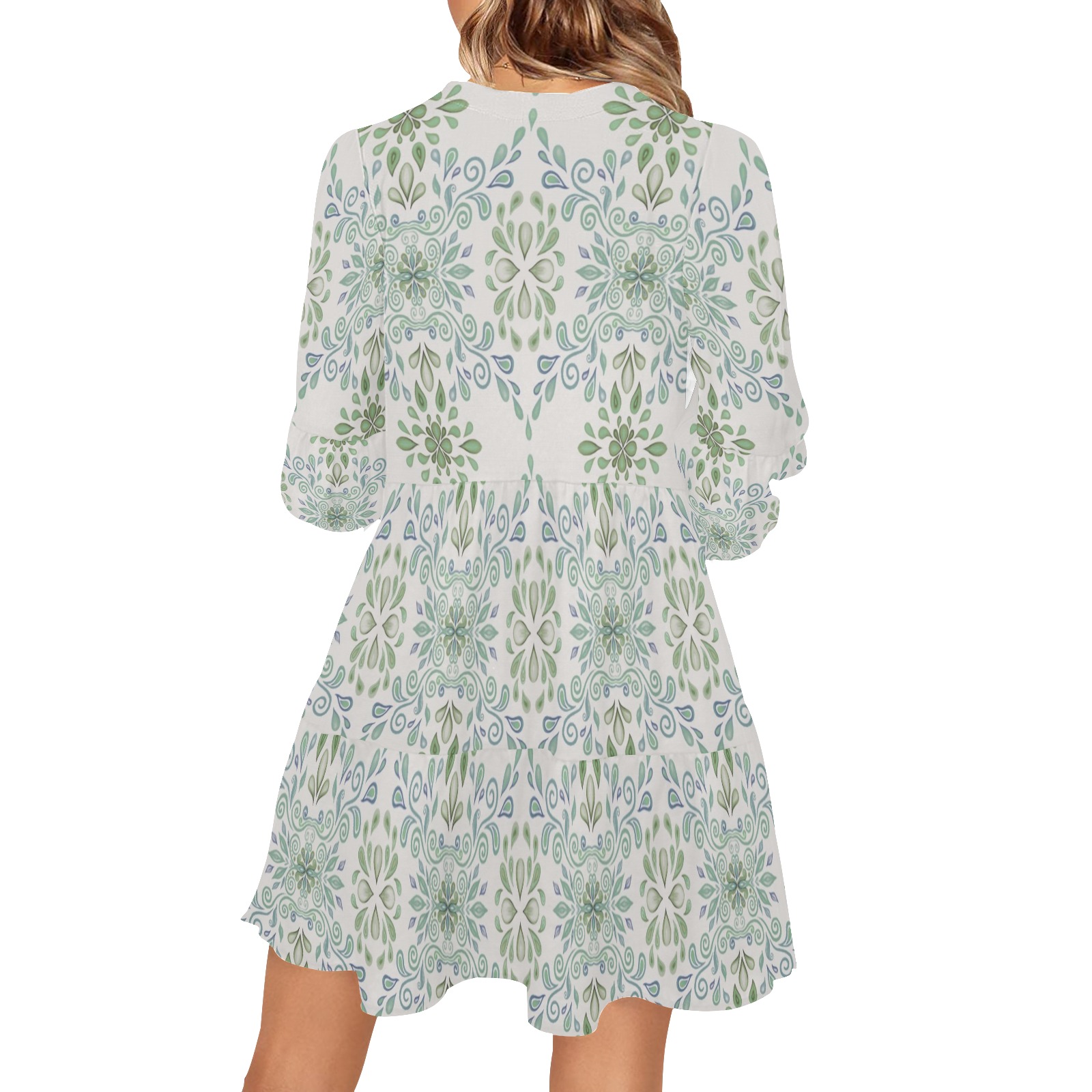 Blue and Green watercolor pattern V-Neck Loose Fit Dress (Model D62)