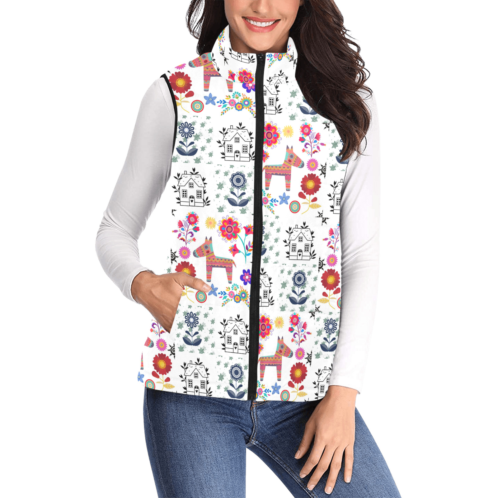 Alpaca Pinata With Blue House and Flowers Pattern Women's Padded Vest Jacket (Model H44)