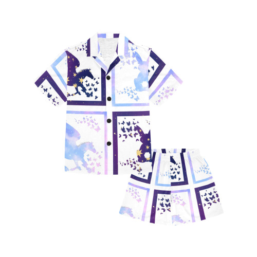 Bunny and Pegasus Together in Blue Patchwork Design Little Boys' V-Neck Short Pajama Set