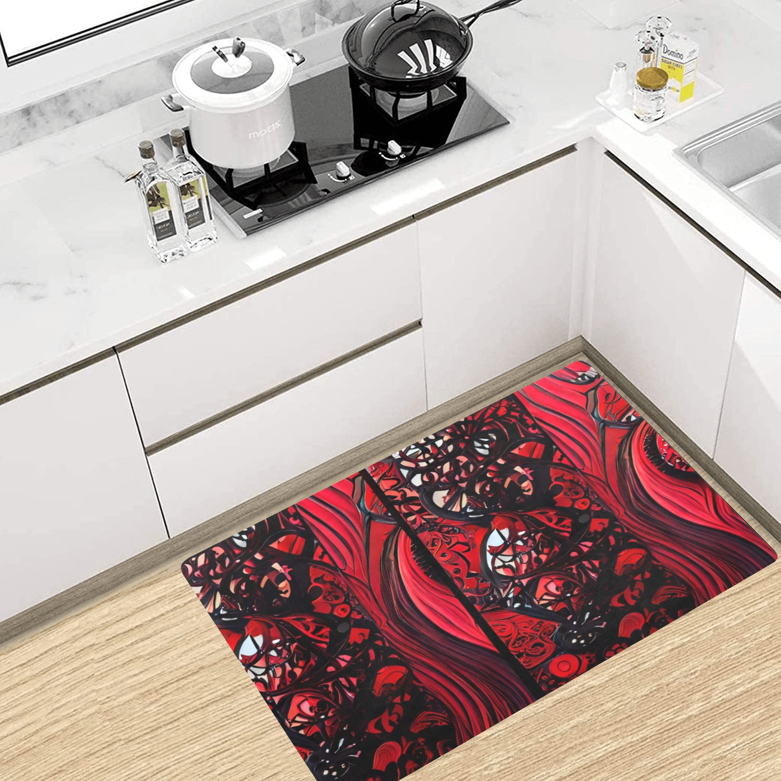 red and black intricate pattern 1 Kitchen Mat 32"x20"
