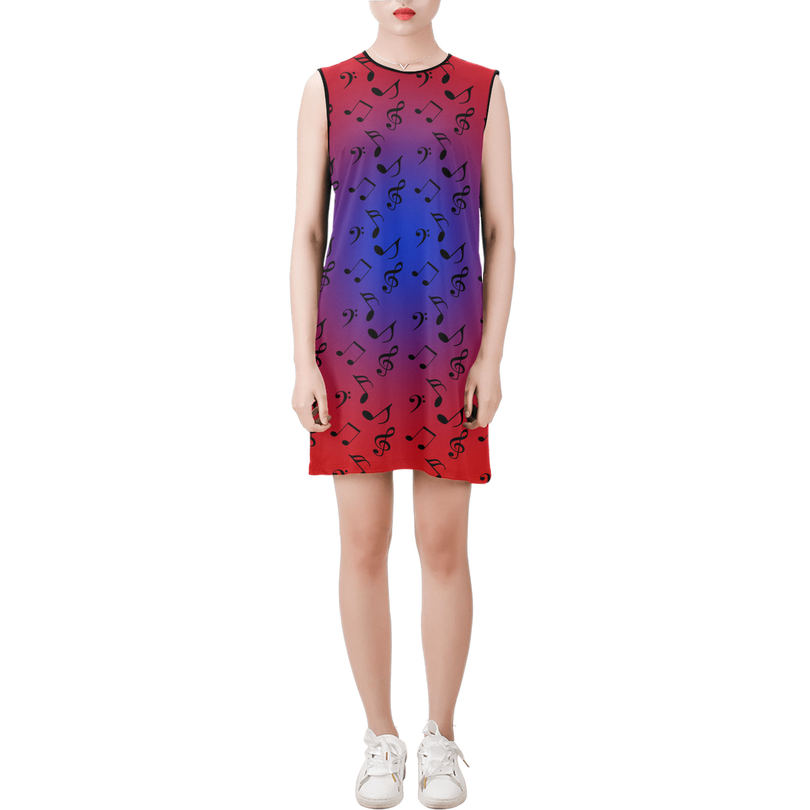 red music blue moon Sleeveless Round Neck Shift Dress (Model D51)