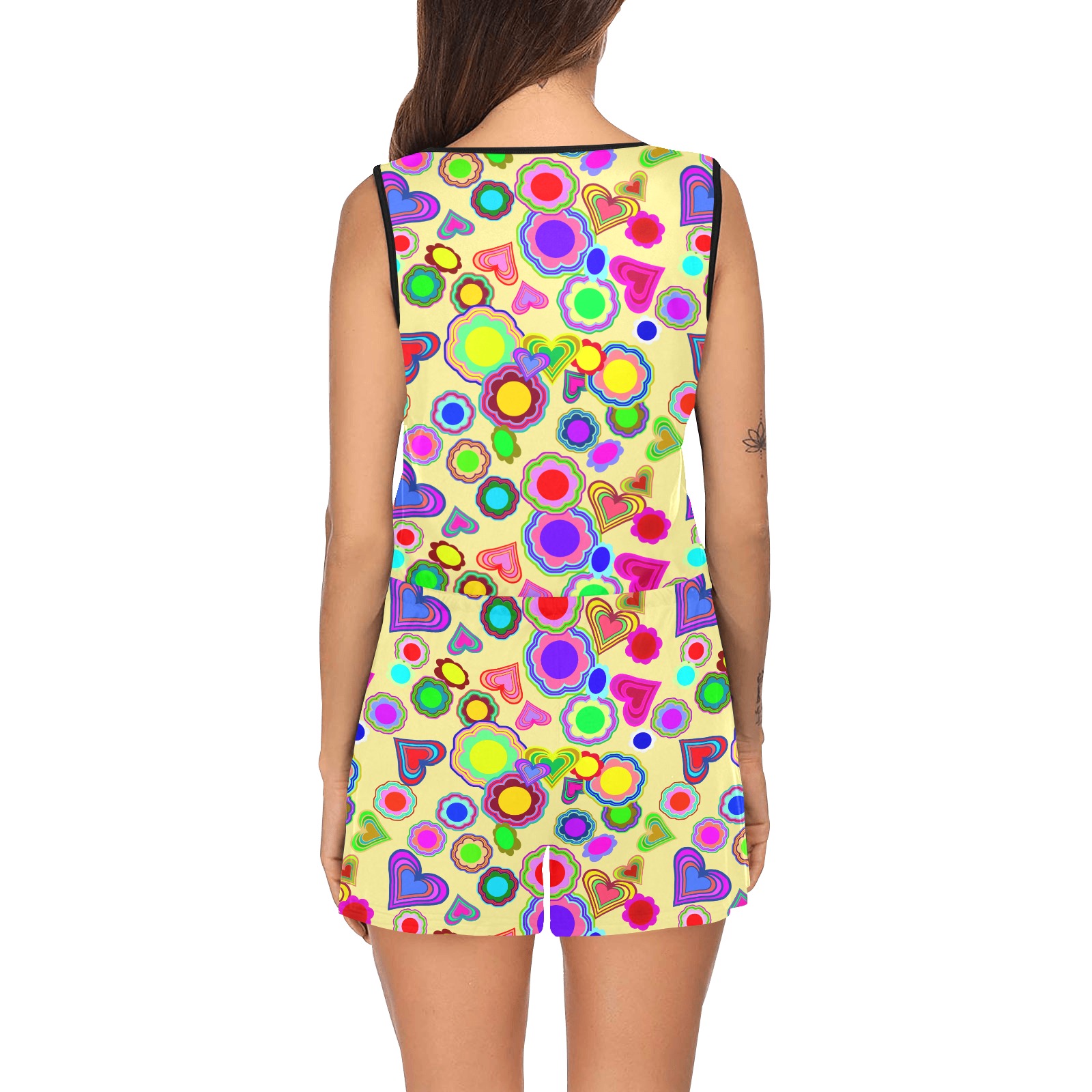 Groovy Hearts and Flowers Yellow All Over Print Short Jumpsuit
