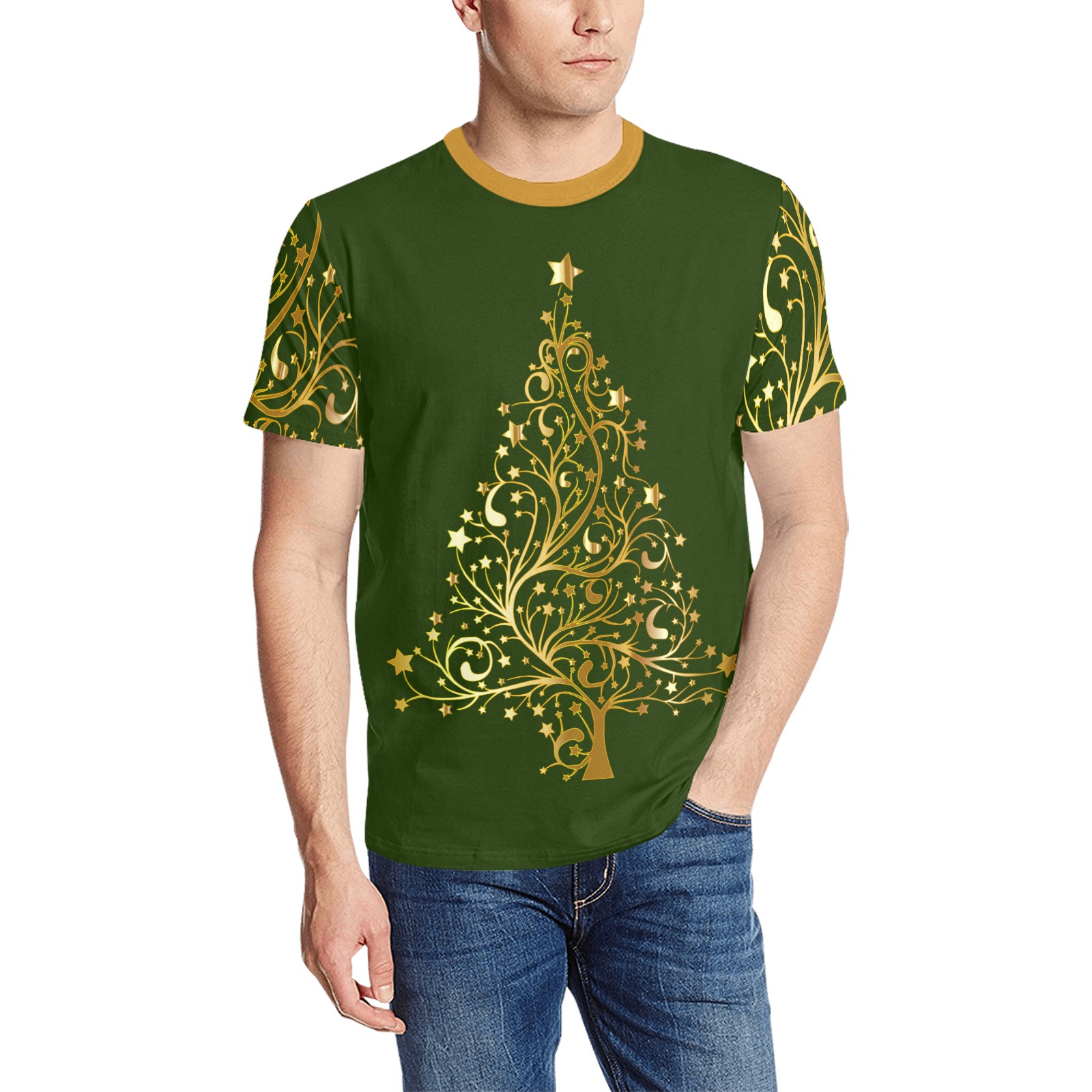 Golden Christmas Tree Men's All Over Print T-Shirt (Solid Color Neck) (Model T63)