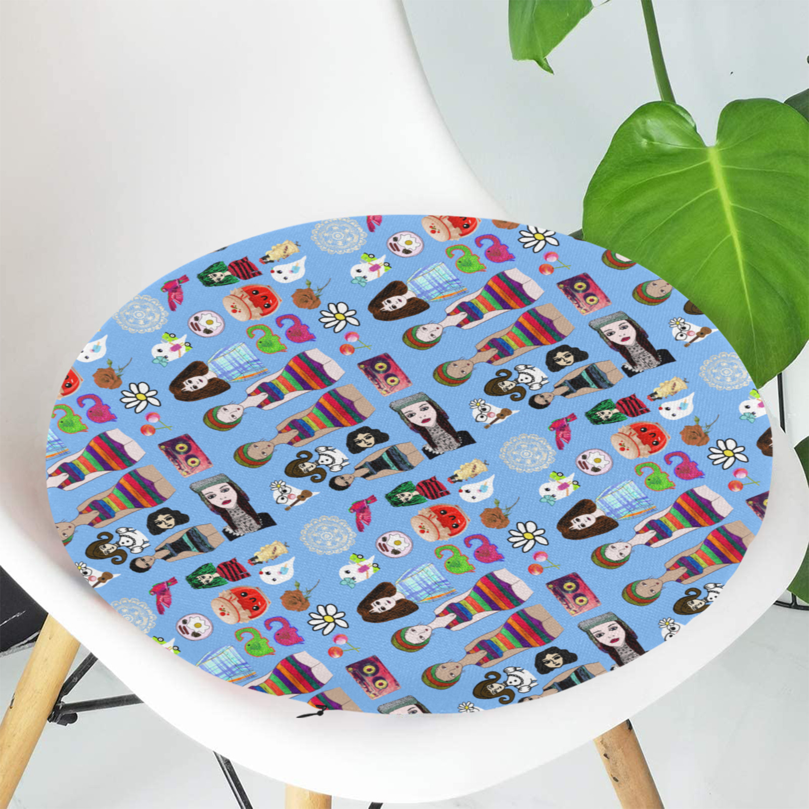 drawing collage blue Round Seat Cushion