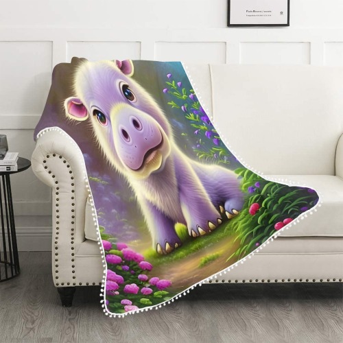 Baby Hippo Pom Pom Fringe Blanket 50"x60"
