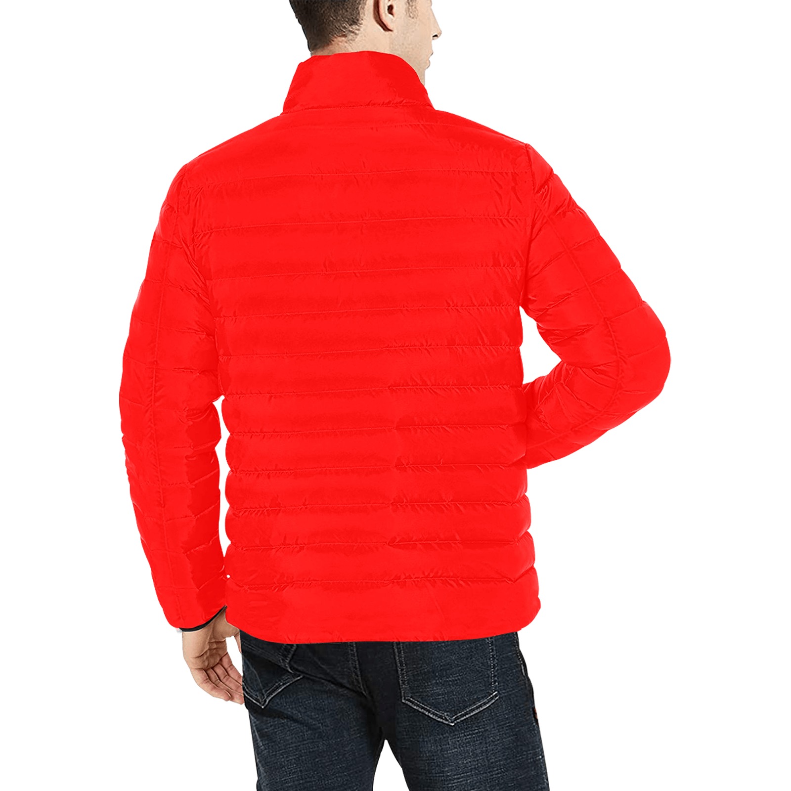Merry Christmas Red Solid Color Men's Stand Collar Padded Jacket (Model H41)