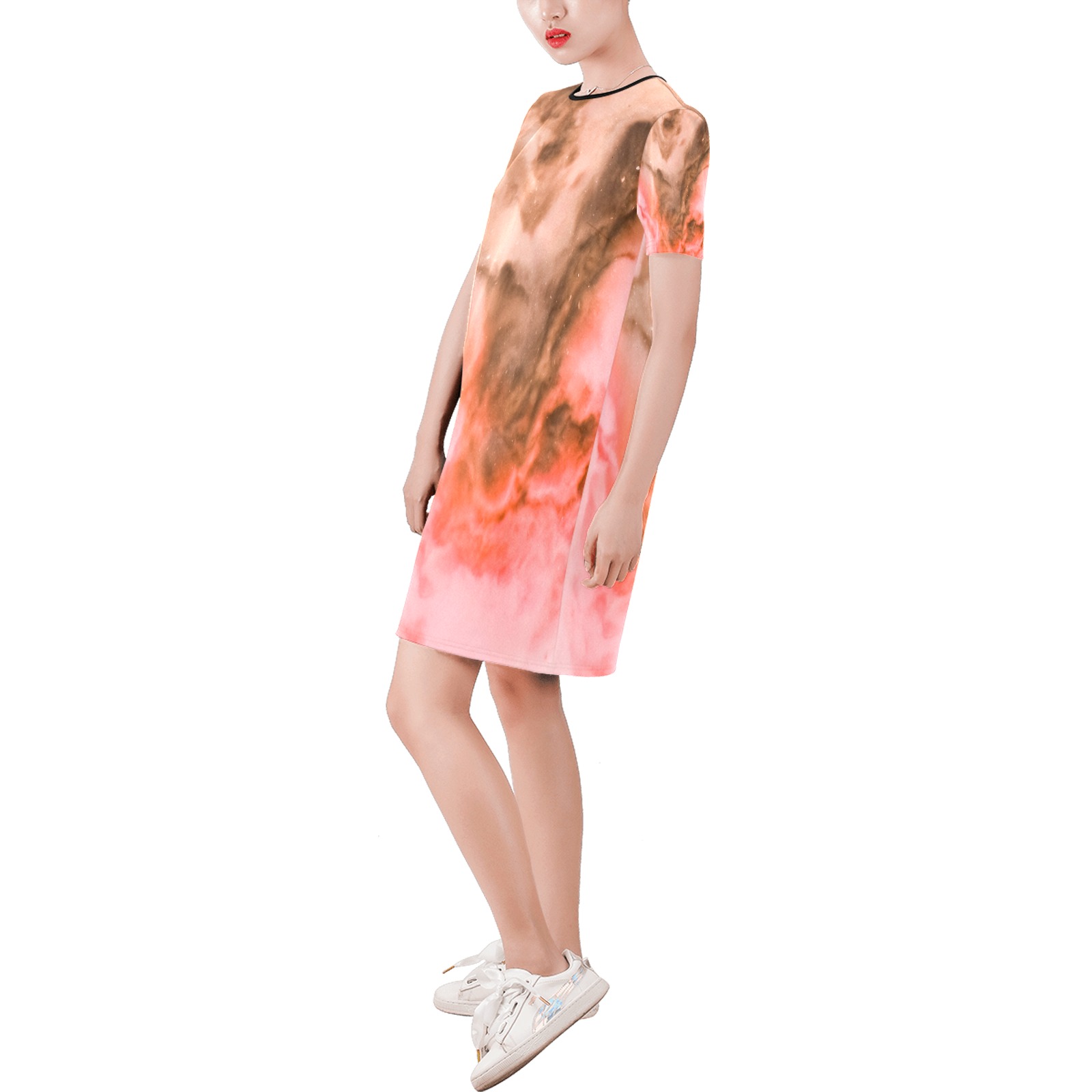 Pink marbled space 01 Short-Sleeve Round Neck A-Line Dress (Model D47)