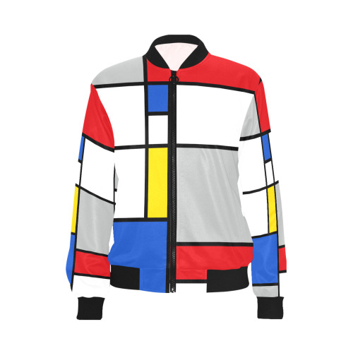 Geometric Retro Mondrian Style Color Composition All Over Print Bomber Jacket for Women (Model H36)
