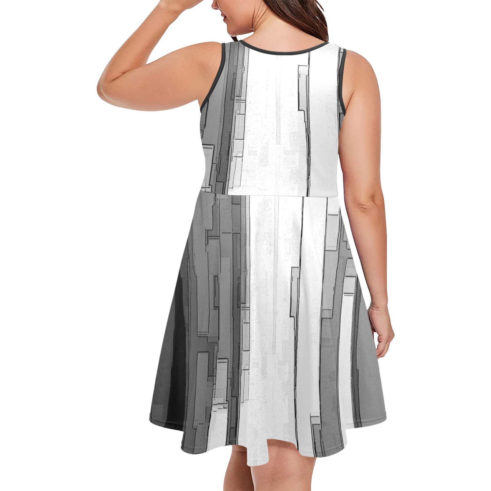 Greyscale Abstract B&W Art Sleeveless Expansion Dress (Model D60)