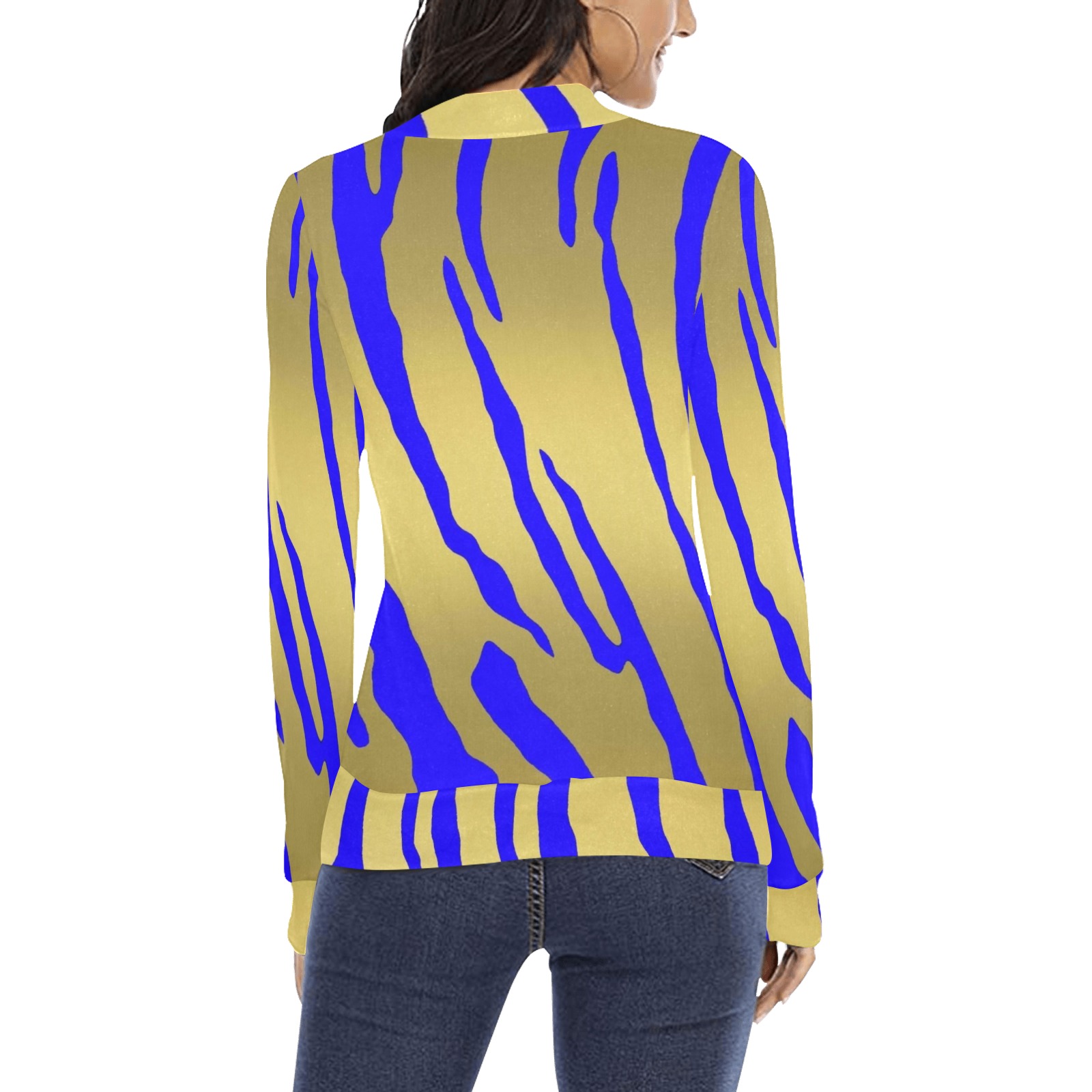 Gold Tiger Stripes Blue Women's All Over Print Mock Neck Sweatshirt (Model H43)