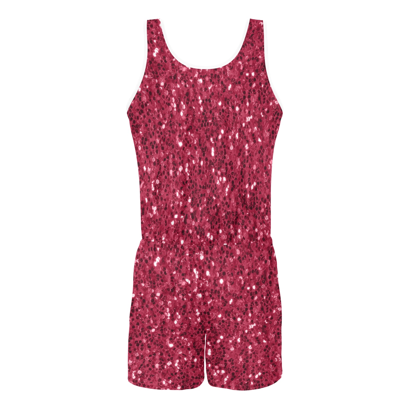 Magenta dark pink red faux sparkles glitter All Over Print Vest Short Jumpsuit
