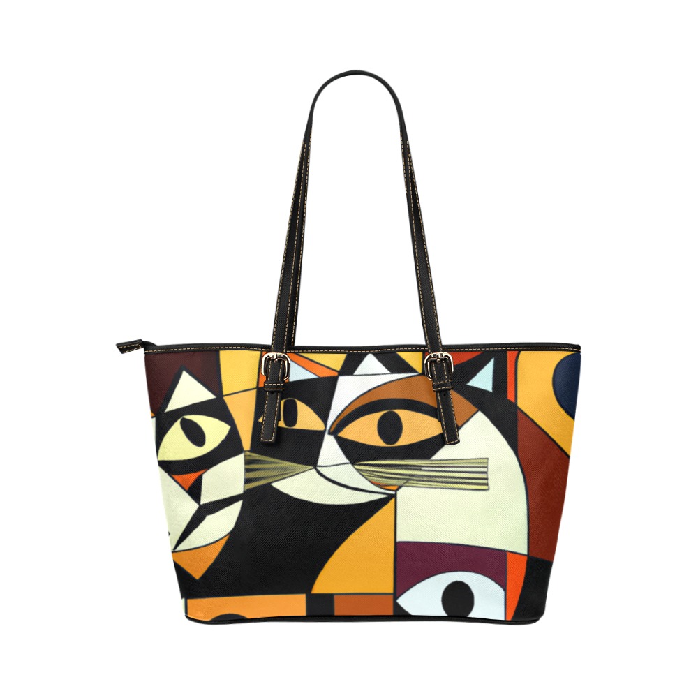 - cubist, cats Leather Tote Bag/Large (Model 1651)