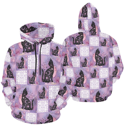 Purple Cosmic Cats Patchwork Pattern All Over Print Hoodie for Women (USA Size) (Model H13)