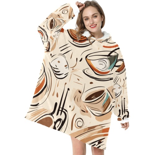 Coffee cups on a table stylish trendy art on beige Blanket Hoodie for Women