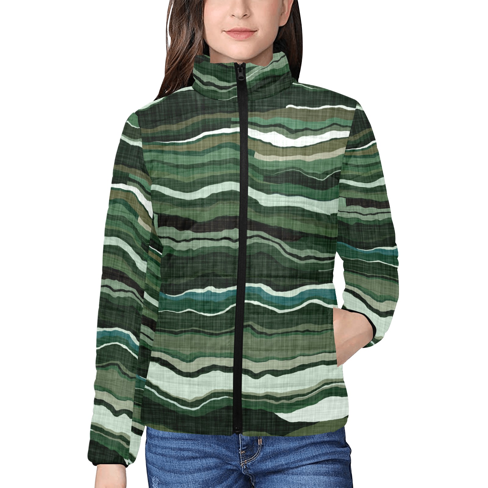 Camo brushstrokes green 3 Women's Stand Collar Padded Jacket (Model H41)