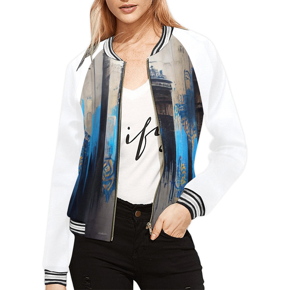 Black And White Graffiti Doodle Text Print Women's Bomber Jacket