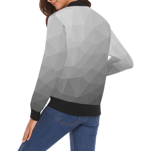 Grey Gradient Geometric Mesh Pattern All Over Print Bomber Jacket for Women (Model H19)