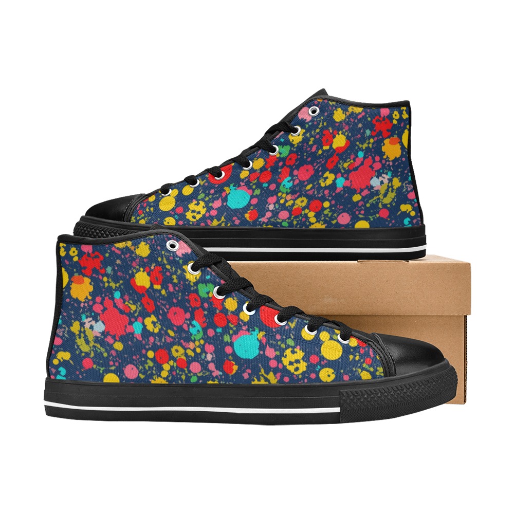 Yellow, red, and turquoise dots on navy blue art. Men’s Classic High Top Canvas Shoes (Model 017)