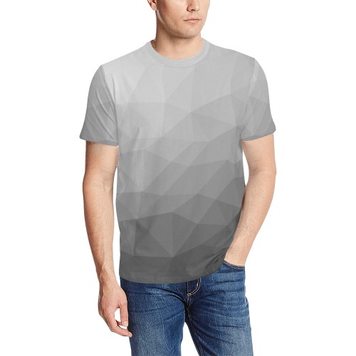 Grey Gradient Geometric Mesh Pattern Men's All Over Print T-Shirt (Solid Color Neck) (Model T63)