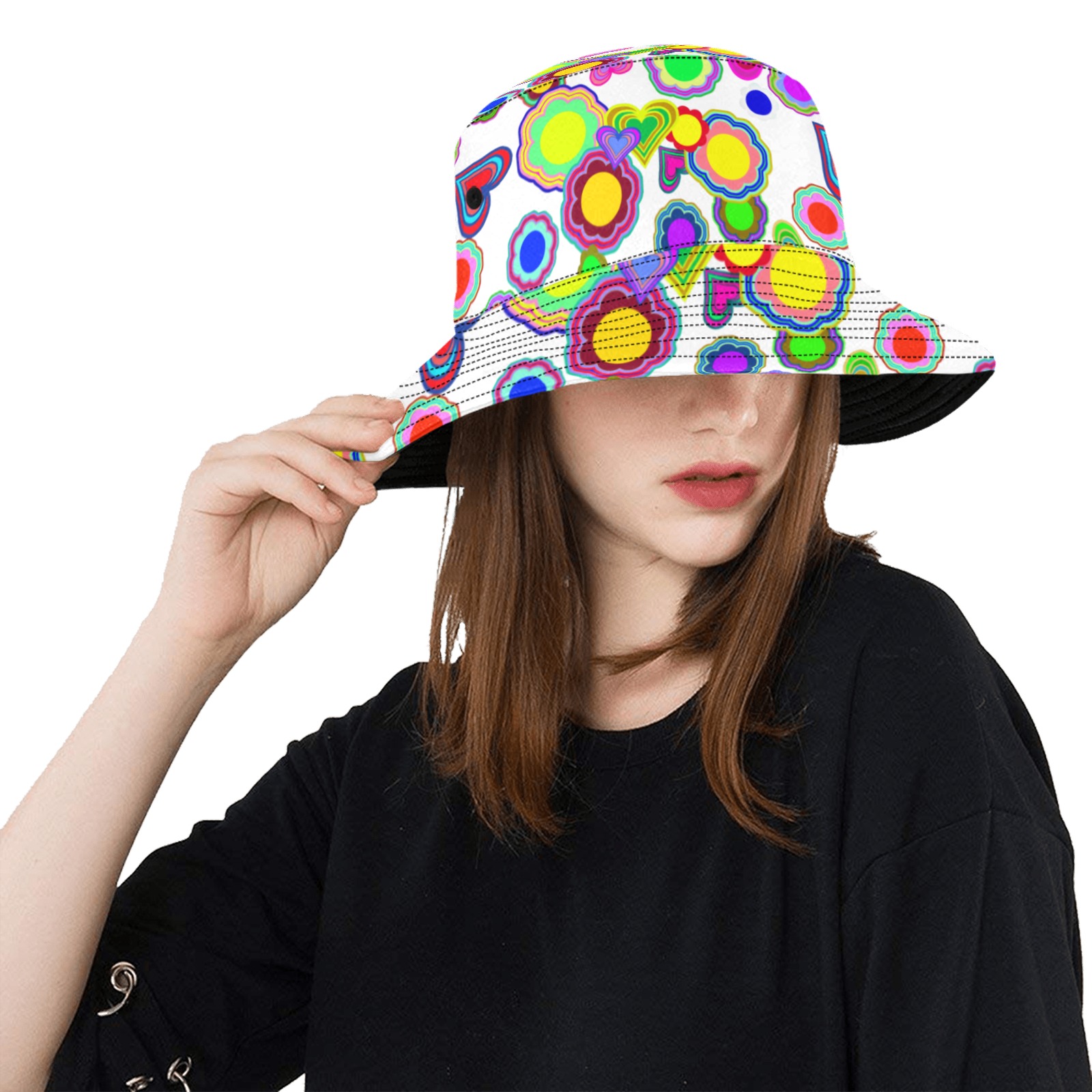 Groovy Hearts and Flowers White Unisex Summer Bucket Hat