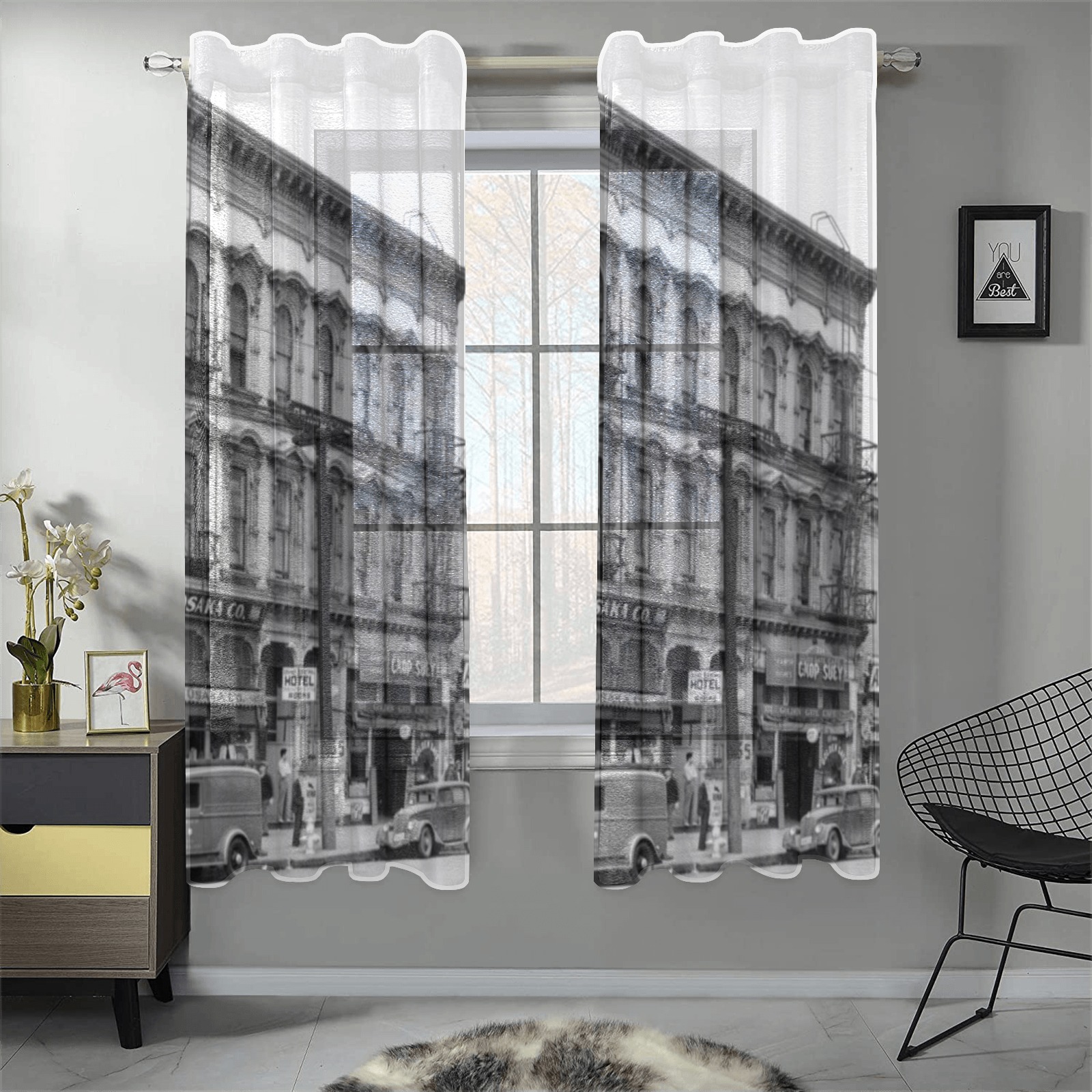 East side of Main Street Los Angeles. 1930s Gauze Curtain 28"x63" (Two-Piece)
