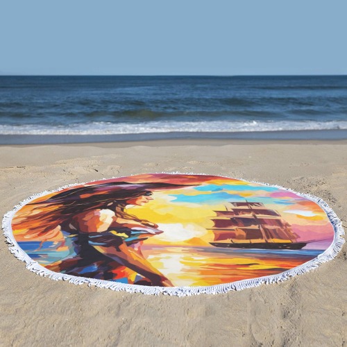 Cool pirate lady waits for her captain by the sea. Circular Beach Shawl Towel 59"x 59"