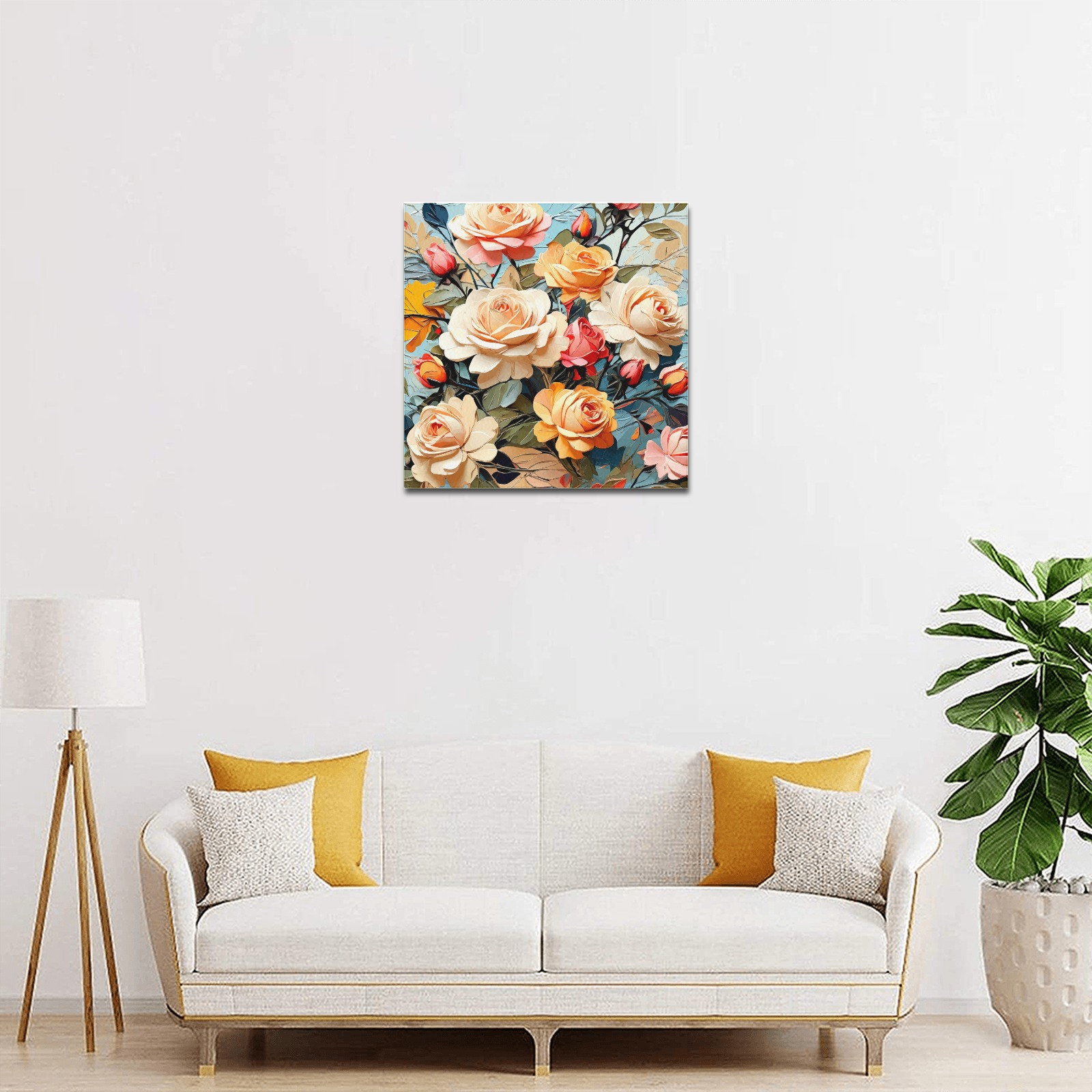 Chic bunch of beige rose flowers on blue oil art. Upgraded Canvas Print 16"x16"