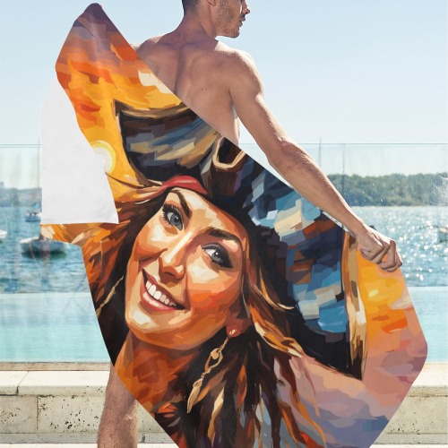 Lovely smiling pirate woman by the sea at sunset. Beach Towel 32"x 71"