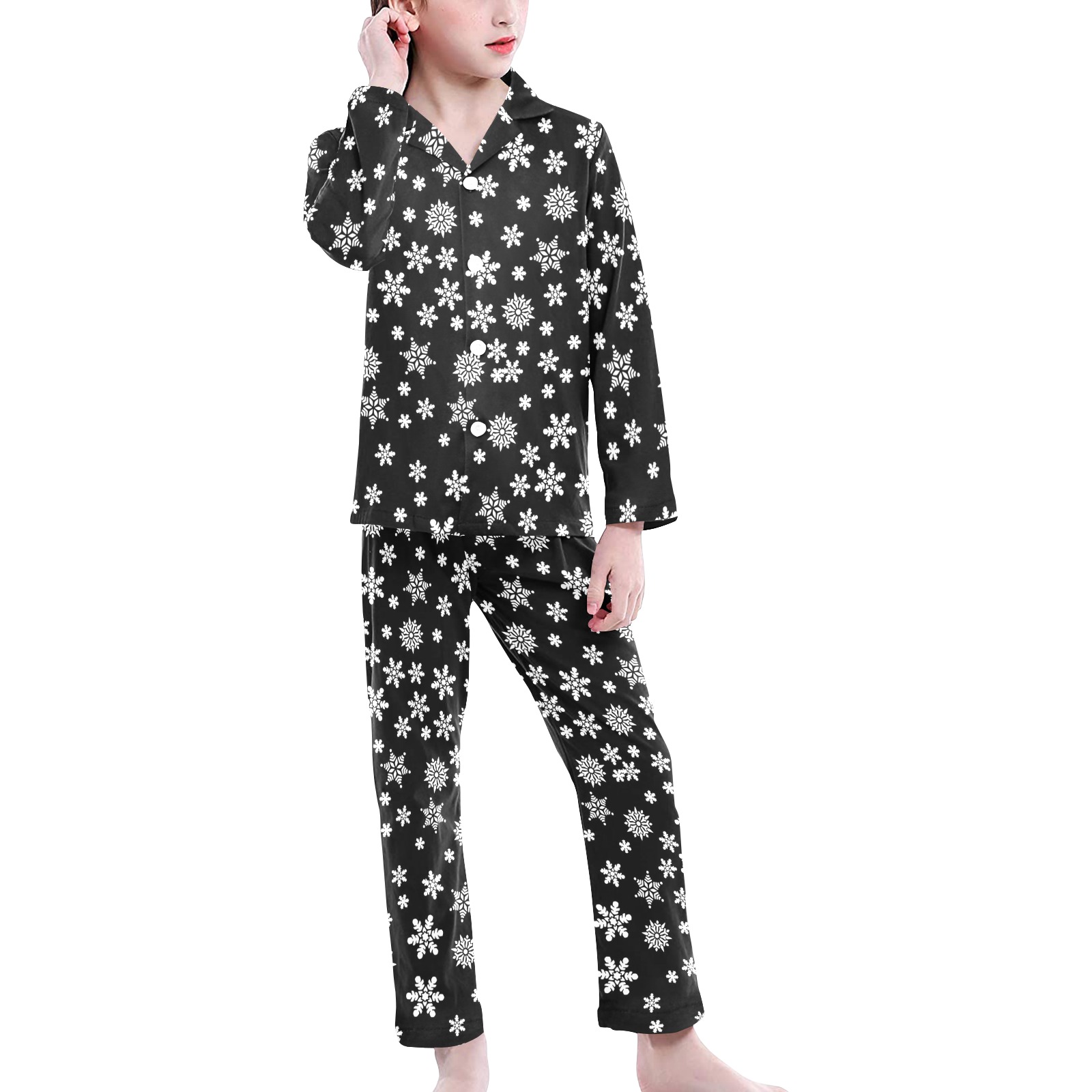Christmas White Snowflakes on Black Big Girls' V-Neck Long Pajama Set