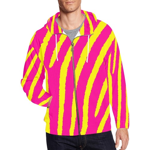 Zebra Print (Pink & Yellow) All Over Print Full Zip Hoodie for Men (Model H14)