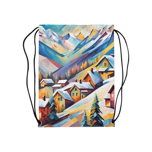 Fantasy mountain village skiing destination art Medium Drawstring Bag Model 1604 (Twin Sides) 13.8"(W) * 18.1"(H)