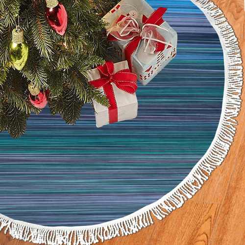 Abstract Blue Horizontal Stripes Thick Fringe Christmas Tree Skirt 60"x60"