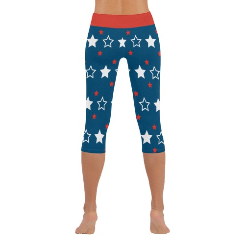 4th of July Patriotic Stars on Blue Background Women's Low Rise Capri Leggings (Invisible Stitch) (Model L08)
