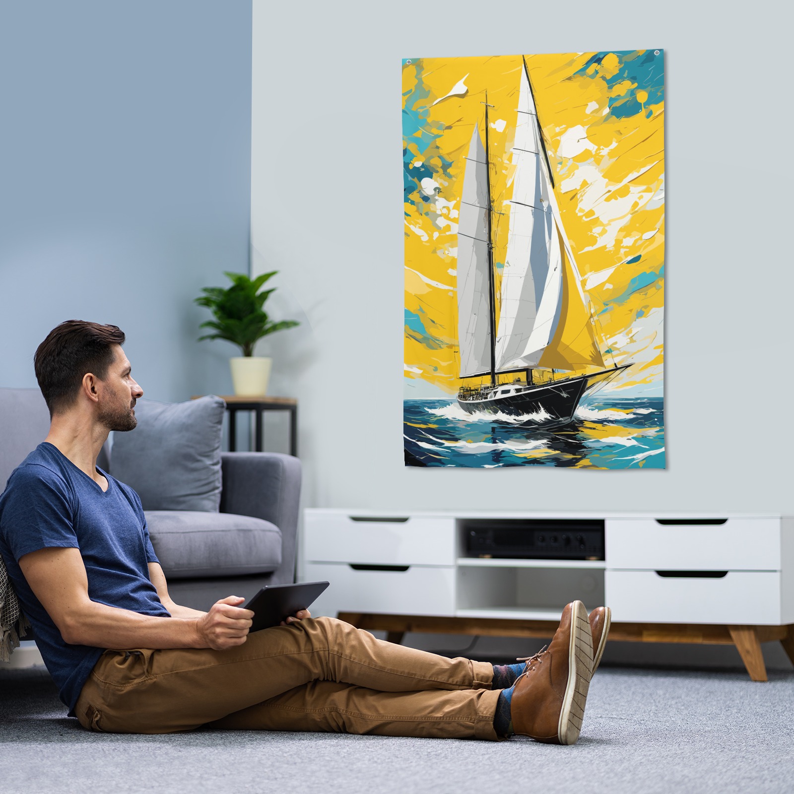 Fantasy sail boat at sea. Turquoise, yellow colors House Flag 34.5"x56"