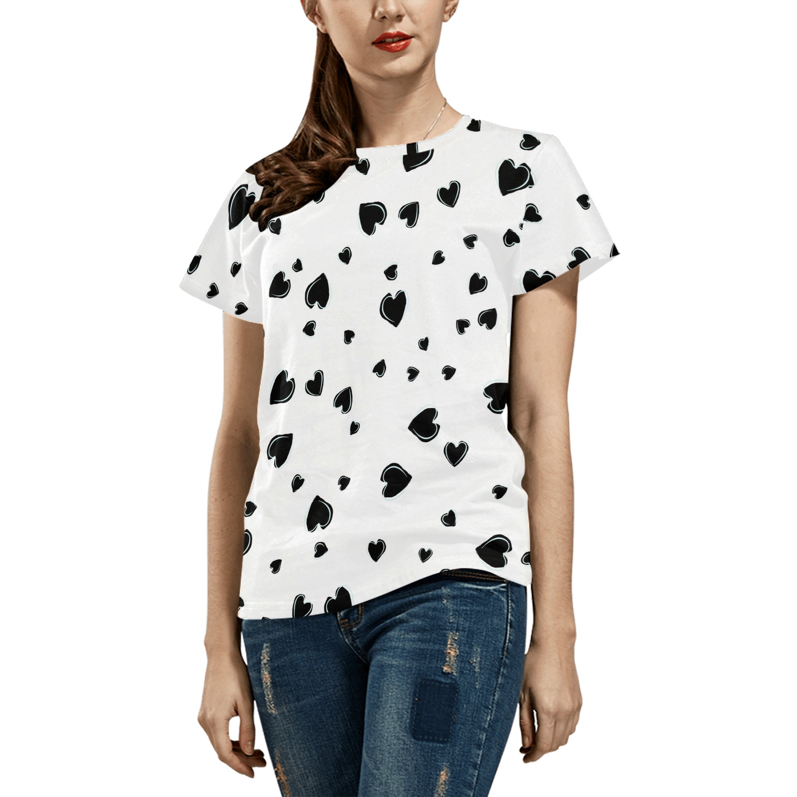 Black Hearts Floating on White All Over Print T-Shirt for Women (USA Size) (Model T40)
