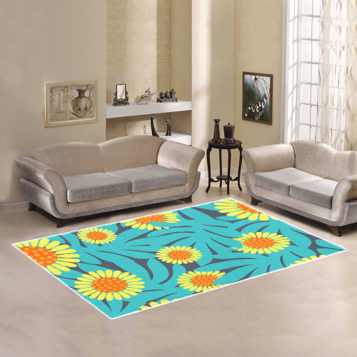 Yellow and Teal Paradise Jungle Flowers and Leaves Area Rug7'x5'