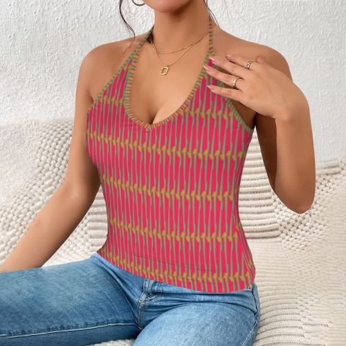 Boho ornamental pink Women's V-Neck Halter Top (Model T83)