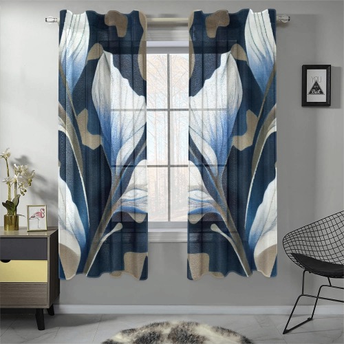blue and white pattern 3 Gauze Curtain 28"x63" (Two-Piece)